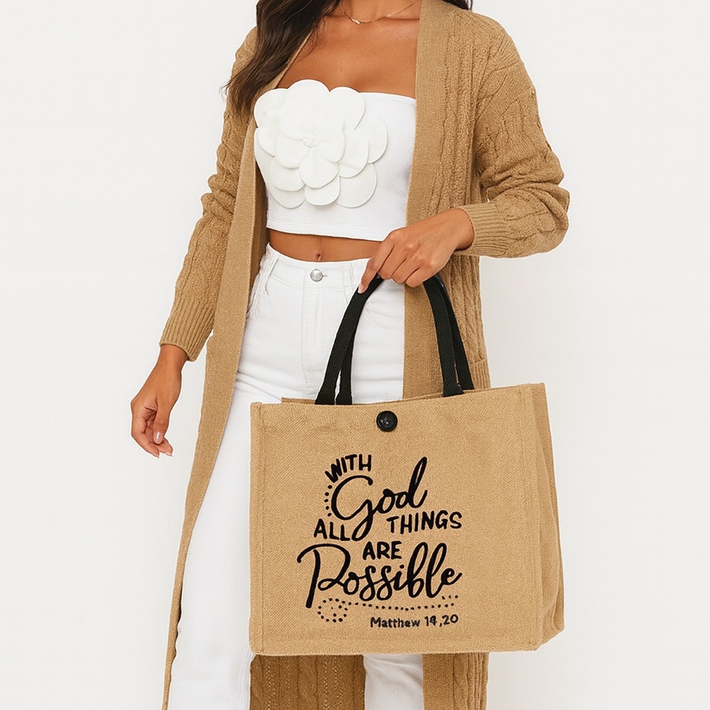 “All Things Are Possible “Elegant Lady Burlap Tote Bag
